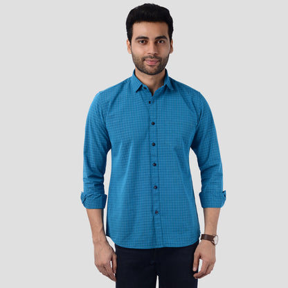 5thanfold Men's Casual Pure Cotton Full Sleeve Checkered Blue Slim Fit Shirt