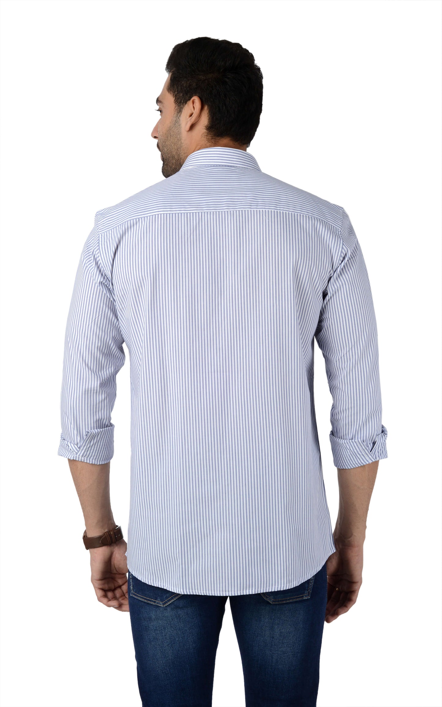 5thanfold Men's Pure Cotton Casual Full Sleeve Striped Blue Slim Fit Shirt