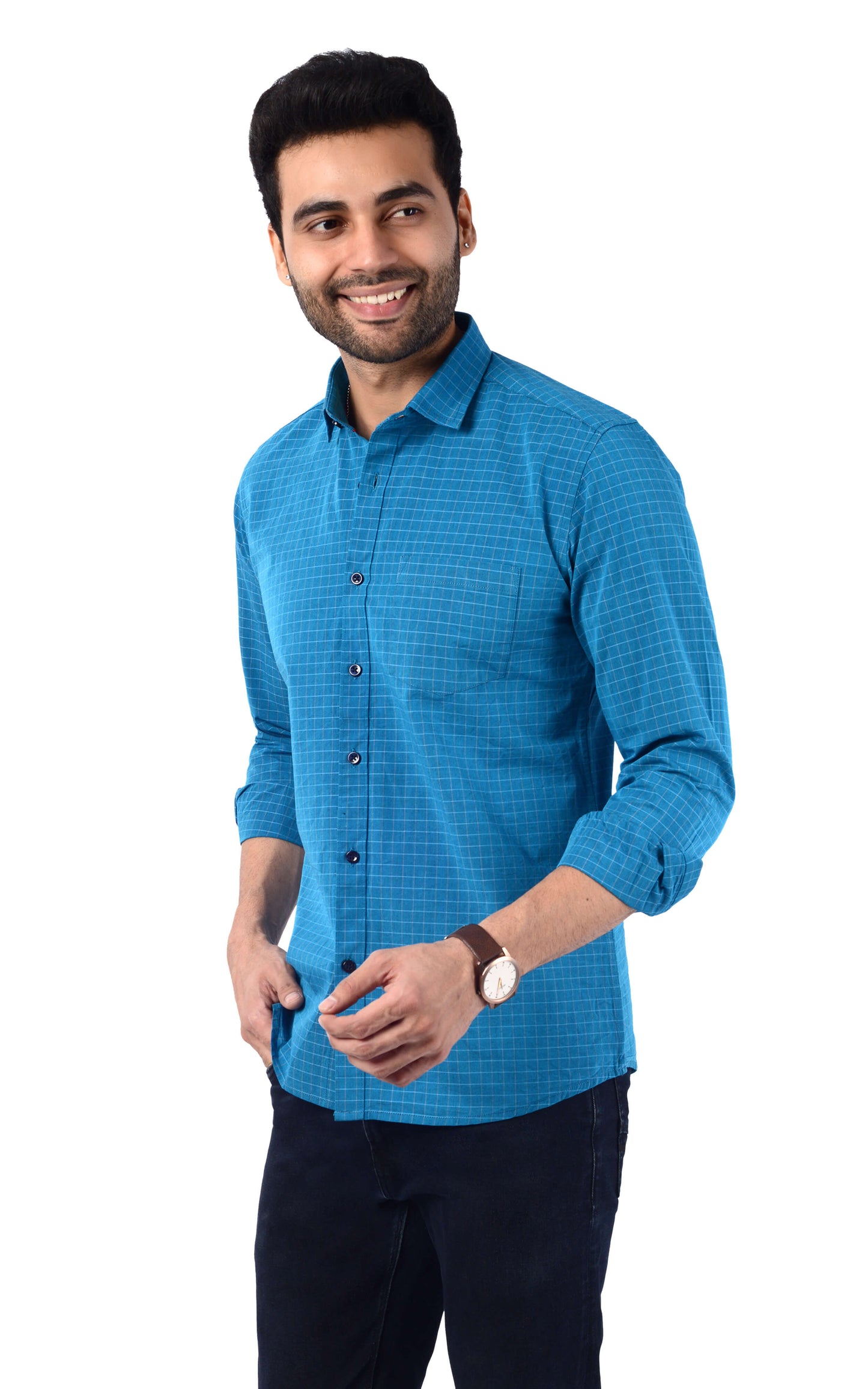 5thanfold Men's Casual Pure Cotton Full Sleeve Checkered Blue Slim Fit Shirt