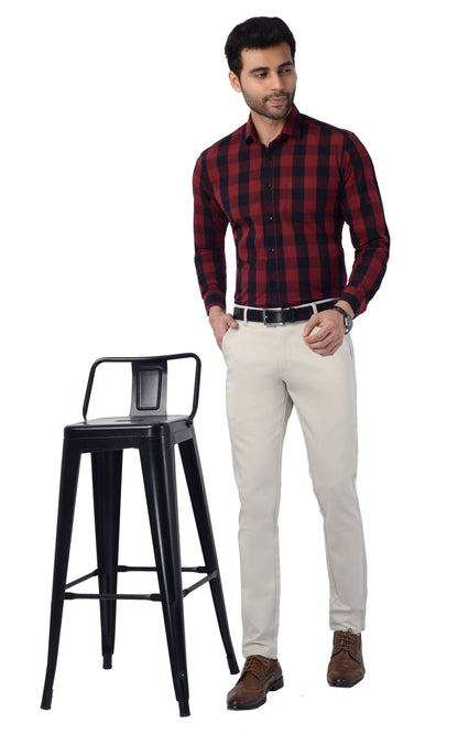 5thanfold Men's Casual Pure Cotton Full Sleeve Checkered Maroon Slim Fit Shirt