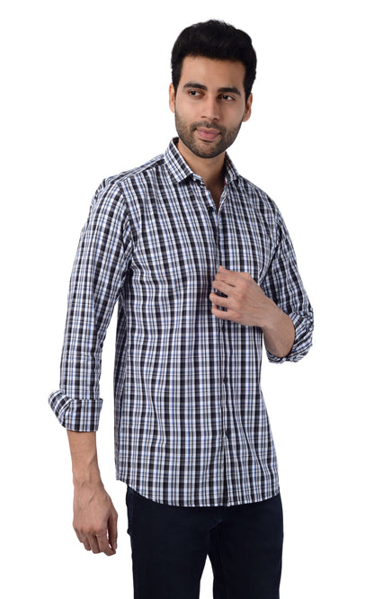 5thanfold Men's Casual Pure Cotton Full Sleeve Checkered White Slim Fit Shirt