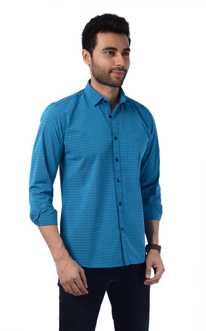 5thanfold Men's Casual Pure Cotton Full Sleeve Checkered Blue Slim Fit Shirt