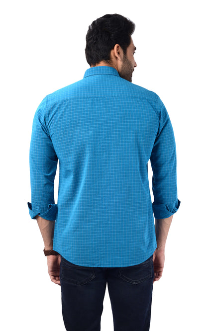 5thanfold Men's Casual Pure Cotton Full Sleeve Checkered Blue Slim Fit Shirt