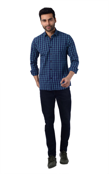 5thanfold Men's Casual  Pure Cotton Full Sleeve Checkered Blue Slim Fit Shirt