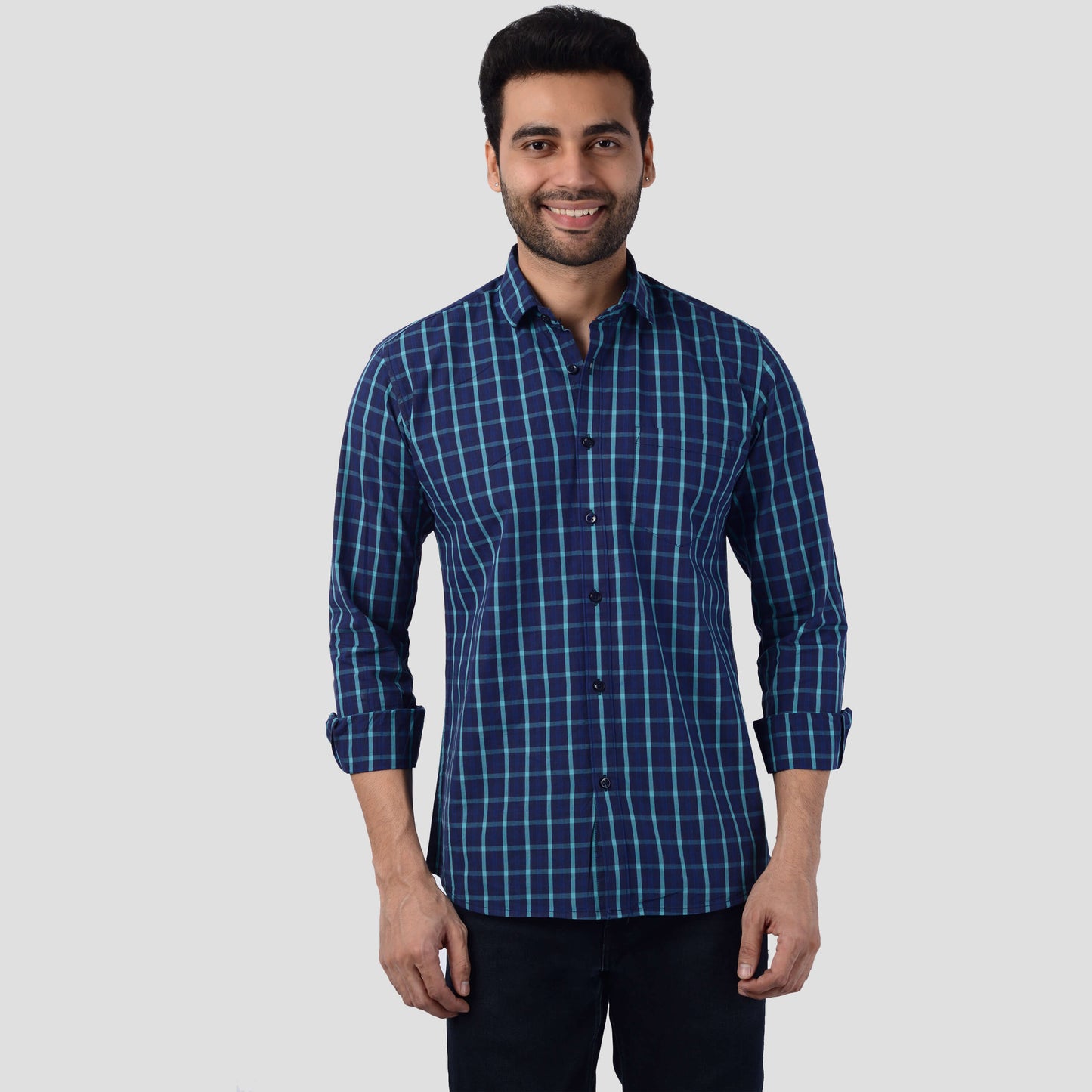 5thanfold Men's Casual  Pure Cotton Full Sleeve Checkered Blue Slim Fit Shirt