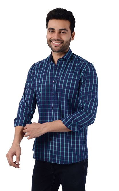 5thanfold Men's Casual  Pure Cotton Full Sleeve Checkered Blue Slim Fit Shirt