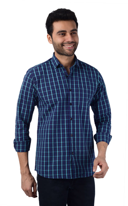 5thanfold Men's Casual  Pure Cotton Full Sleeve Checkered Blue Slim Fit Shirt