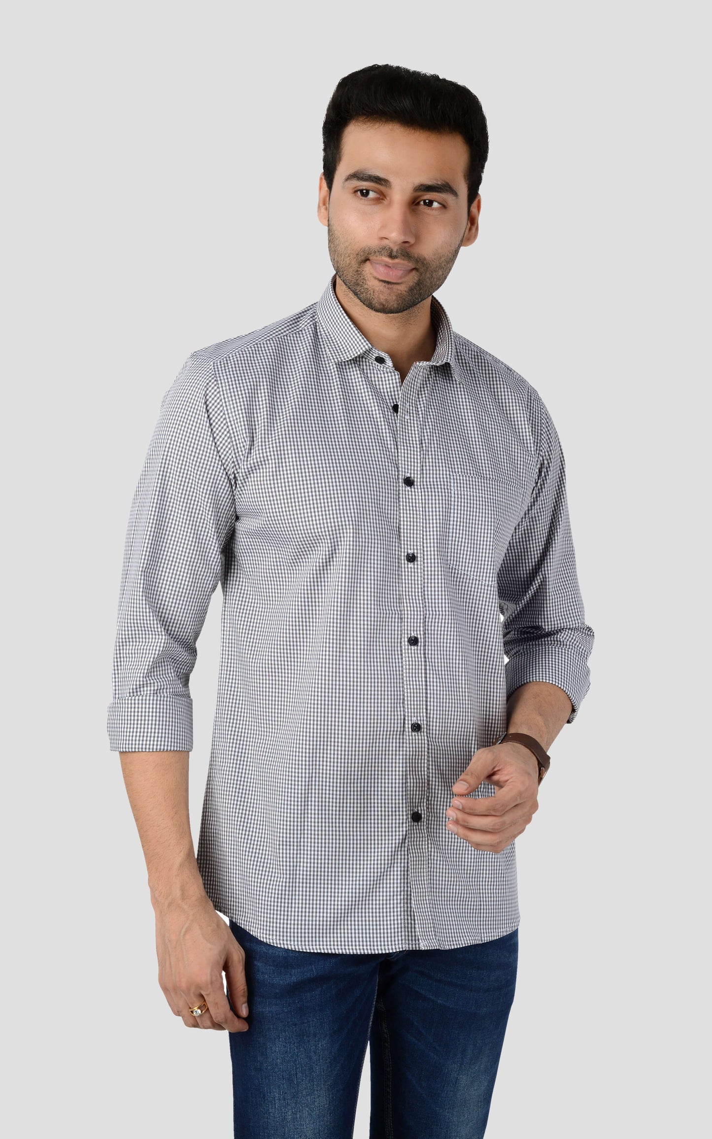 5thanfold Men's Casual Pure Cotton Full Sleeve Checkered Black Slim Fit Shirt