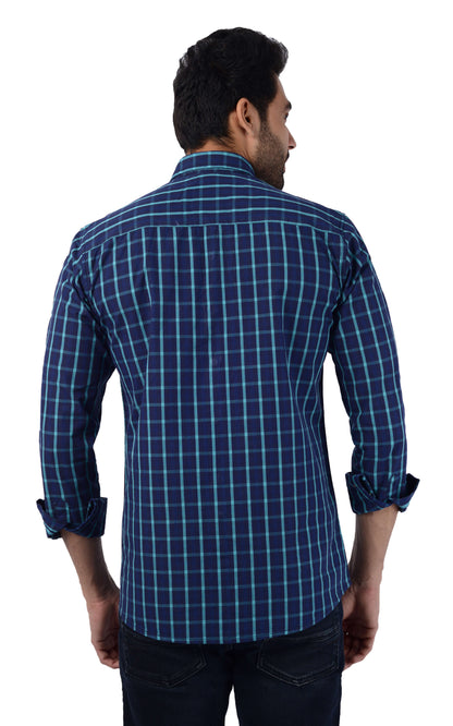 5thanfold Men's Casual  Pure Cotton Full Sleeve Checkered Blue Slim Fit Shirt