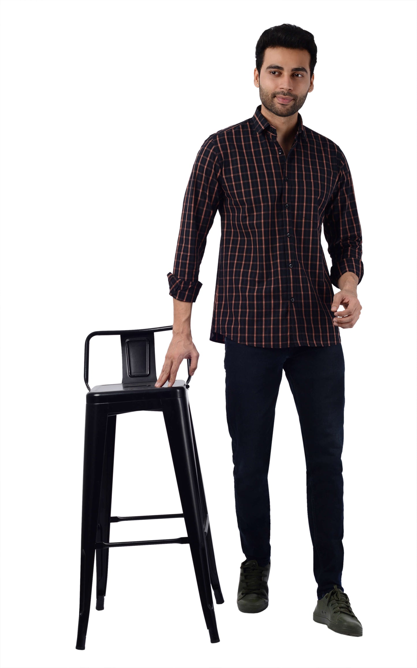 5thanfold Men's Casual  Pure Cotton Full Sleeve Checkered Black Slim Fit Shirt