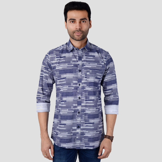 5thanfold Men's Casual Pure Cotton Full Sleeve Printed Blue Slim Fit Shirt
