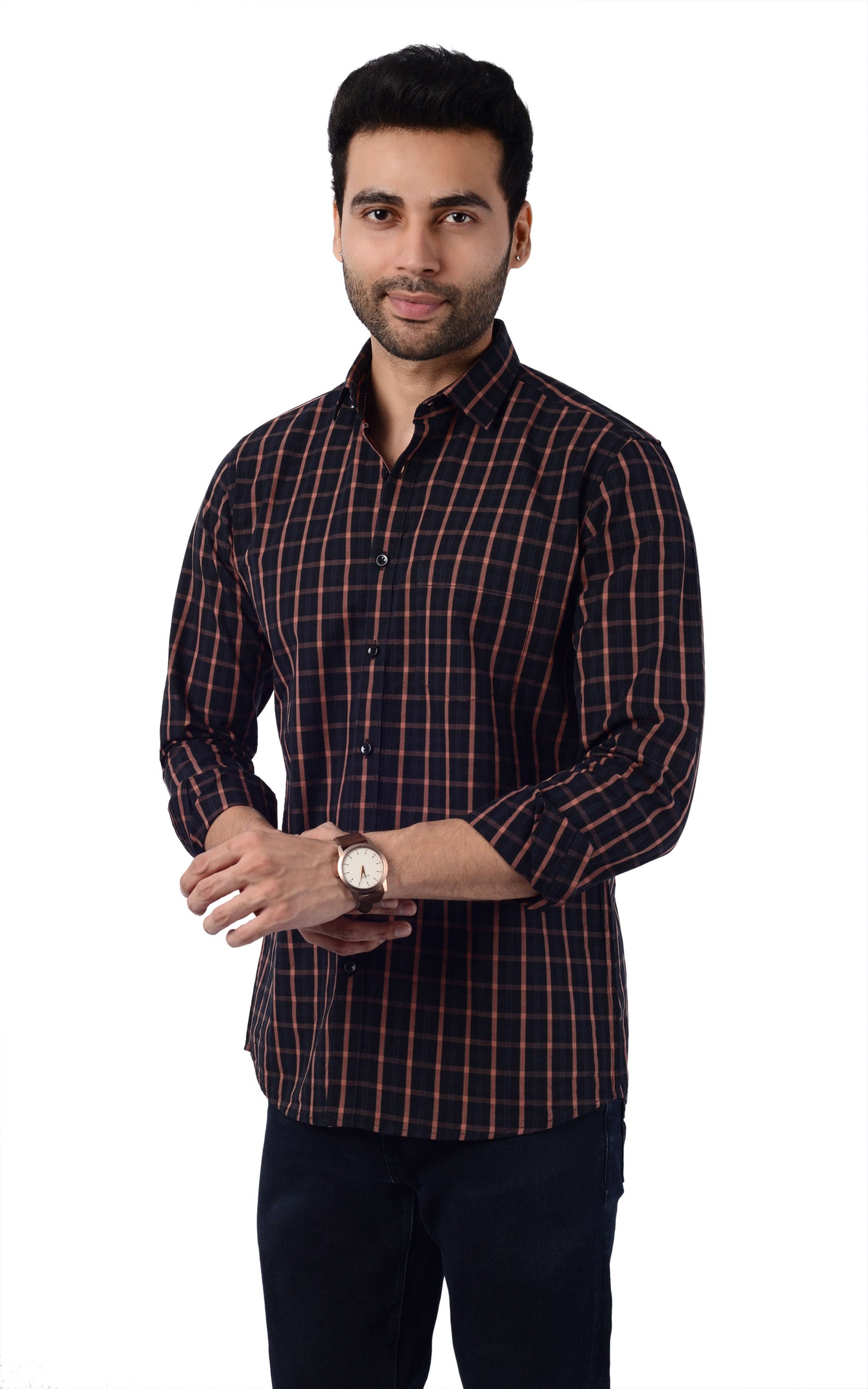 5thanfold Men's Casual  Pure Cotton Full Sleeve Checkered Black Slim Fit Shirt