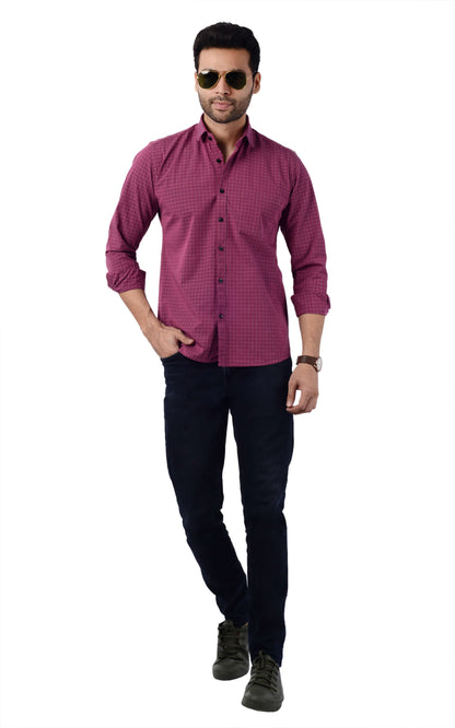 5thanfold Men's Casual Pure Cotton Full Sleeve Checkered Maroon Slim Fit Shirt