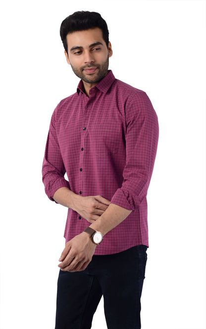 5thanfold Men's Casual Pure Cotton Full Sleeve Checkered Maroon Slim Fit Shirt