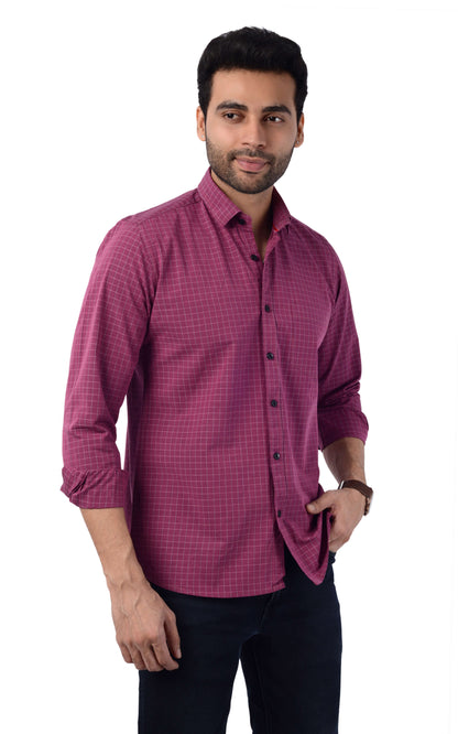 5thanfold Men's Casual Pure Cotton Full Sleeve Checkered Maroon Slim Fit Shirt