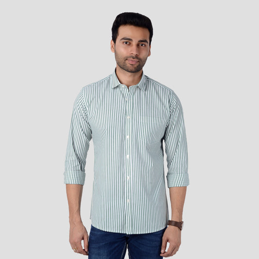 5thanfold Men's Casual Pure Cotton Full Sleeve Striped Green Slim Fit Shirt