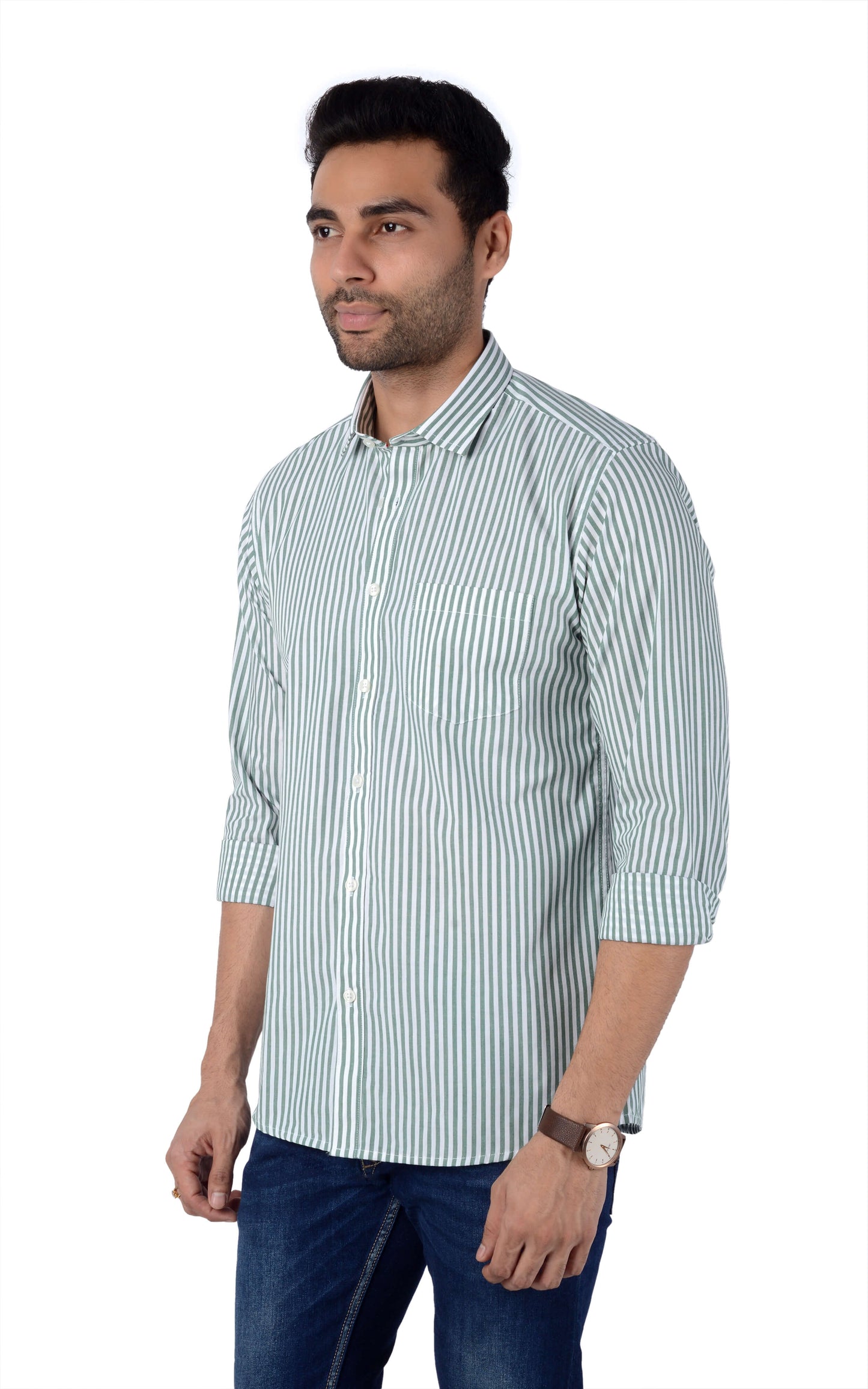 5thanfold Men's Casual Pure Cotton Full Sleeve Striped Green Slim Fit Shirt