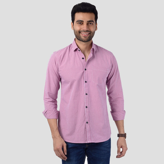 5thanfold Men's Casual Pure Cotton Full Sleeve Checkered Pink Slim Fit Shirt