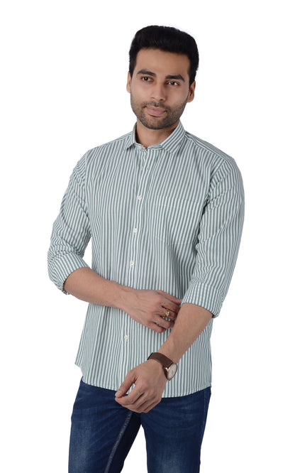 5thanfold Men's Casual Pure Cotton Full Sleeve Striped Green Slim Fit Shirt