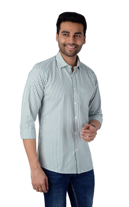 5thanfold Men's Casual Pure Cotton Full Sleeve Striped Green Slim Fit Shirt