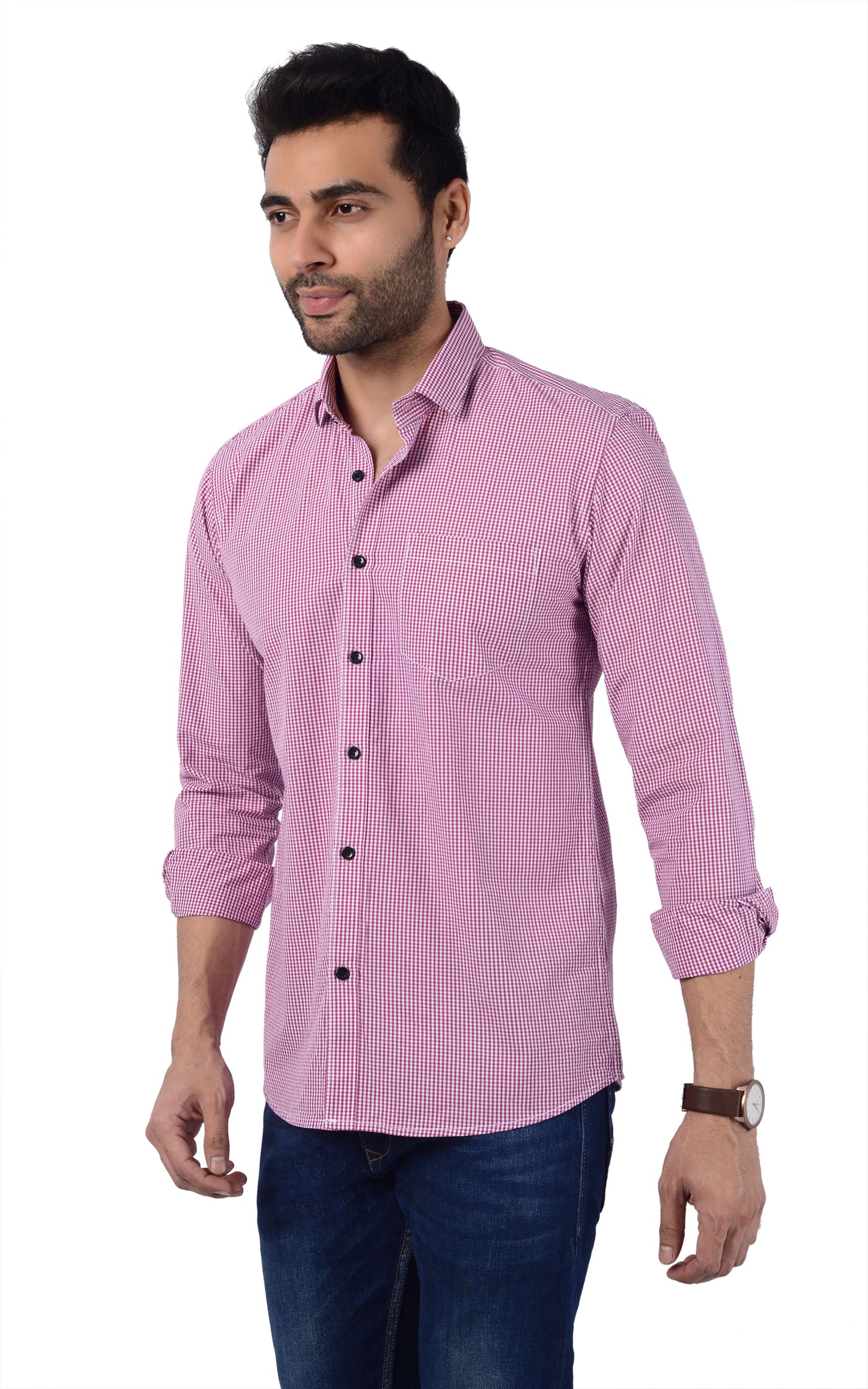 5thanfold Men's Casual Pure Cotton Full Sleeve Checkered Pink Slim Fit Shirt