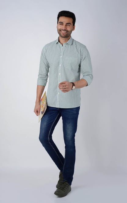 5thanfold Men's Casual Pure Cotton Full Sleeve Striped Green Slim Fit Shirt