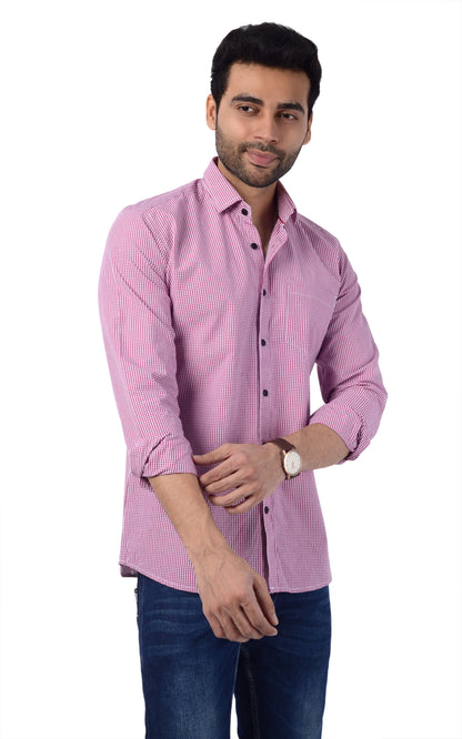 5thanfold Men's Casual Pure Cotton Full Sleeve Checkered Pink Slim Fit Shirt