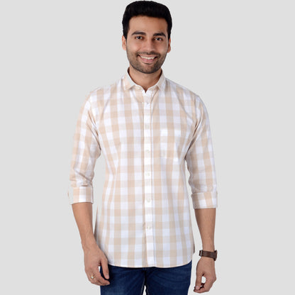 5thanfold Men's Casual Pure Cotton Full Sleeve Checkered Brown Slim Fit Shirt