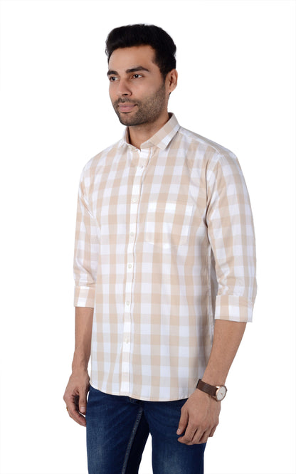 5thanfold Men's Casual Pure Cotton Full Sleeve Checkered Brown Slim Fit Shirt