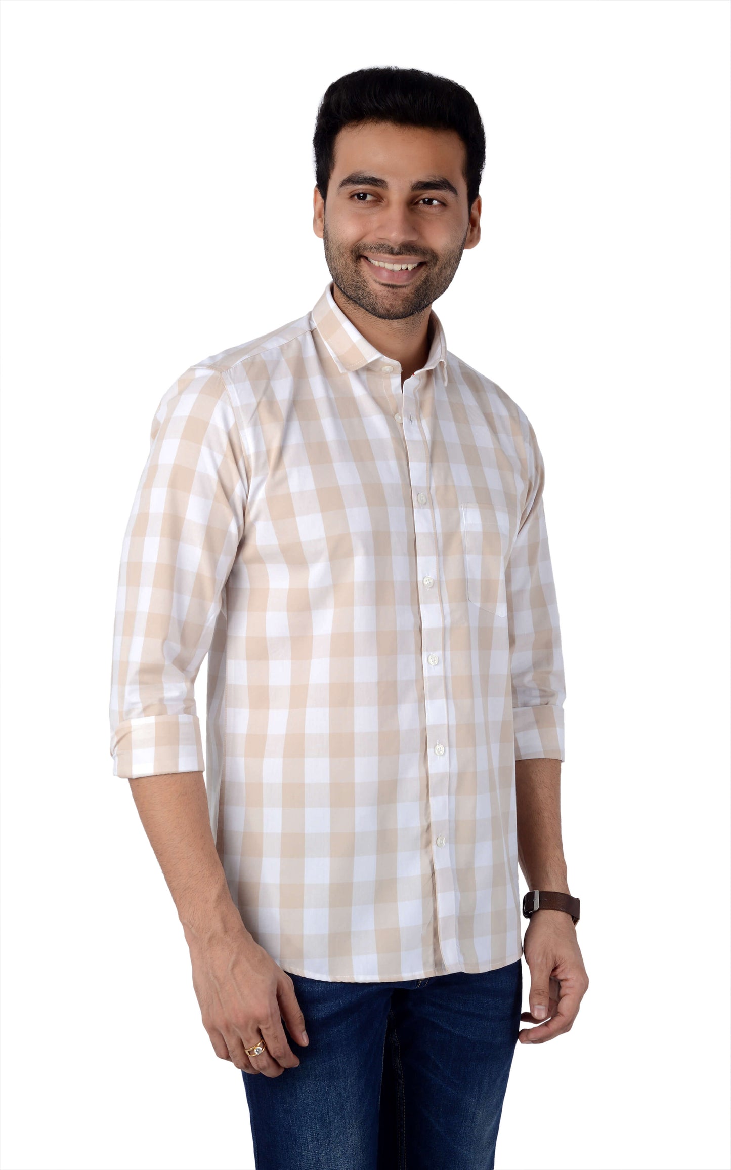 5thanfold Men's Casual Pure Cotton Full Sleeve Checkered Brown Slim Fit Shirt