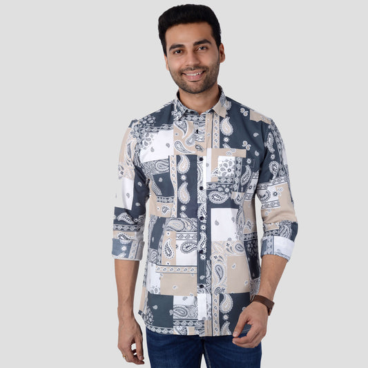 5thanfold Men's Casual Pure Cotton Full Sleeve Printed Multicolor Slim Fit Shirt