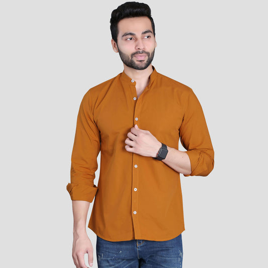 5thanfold Men's Casual Orange Full Sleeve Pure Cotton Mandarin Collar Shirt (No Pocket)