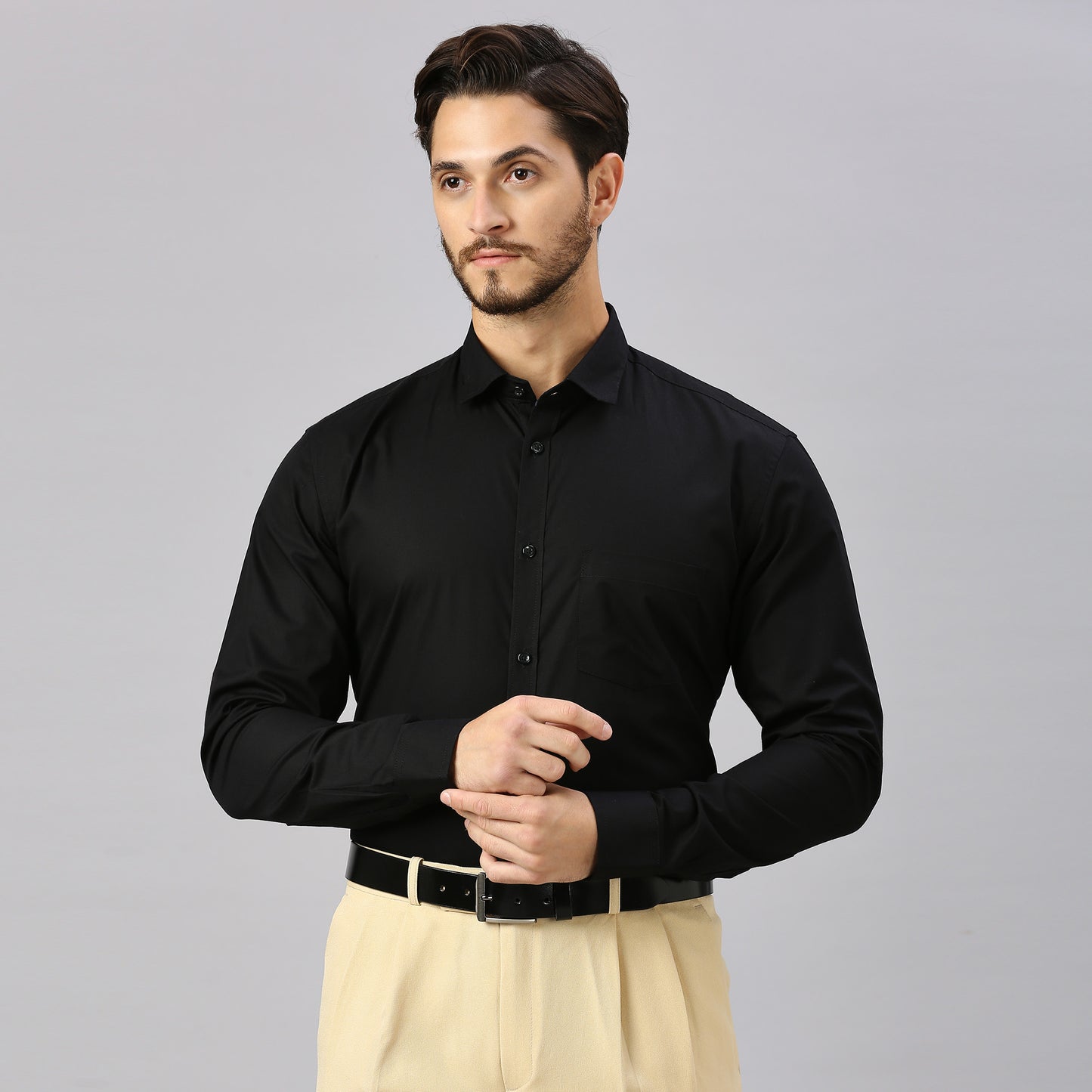 5thanfold Men's Formal Pure Cotton Full Sleeve Solid Black Slim Fit Shirt