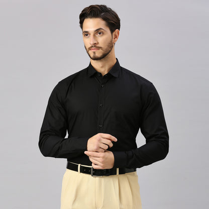 5thanfold Men's Formal Pure Cotton Full Sleeve Solid Black Slim Fit Shirt