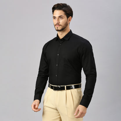 5thanfold Men's Formal Pure Cotton Full Sleeve Solid Black Slim Fit Shirt