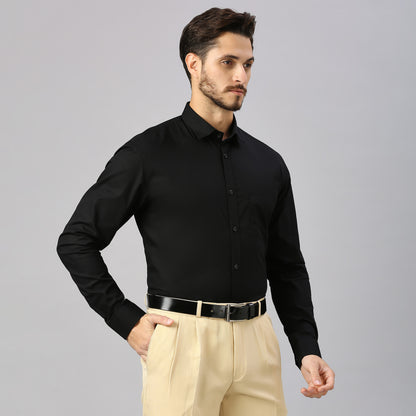 5thanfold Men's Formal Pure Cotton Full Sleeve Solid Black Slim Fit Shirt