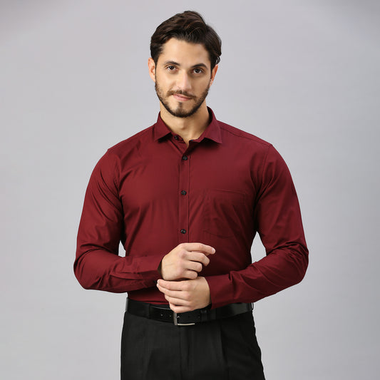 5thanfold Men's Formal Pure Cotton Full Sleeve Solid Maroon Slim Fit Shirt