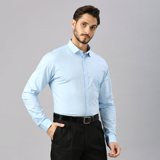 5thanfold Men's Formal Pure Cotton Full Sleeve Solid Sky Blue Slim Fit Shirt