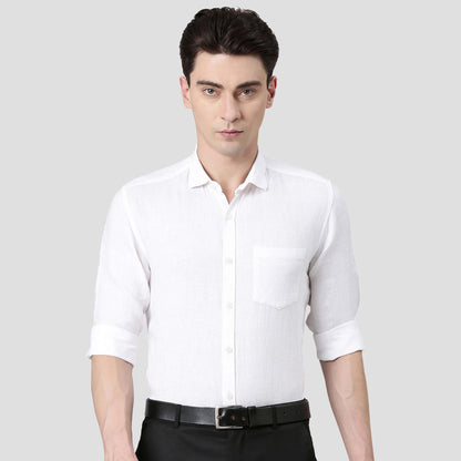 5thanfold Pure Linen Men Solid Formal White Slim Fit Full Sleev Spread Collar Shirt