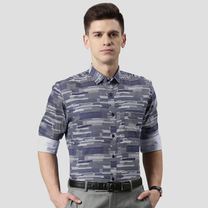 5thanfold Men's Formal Pure Cotton Full Sleeve Printed Blue Slim Fit Shirt