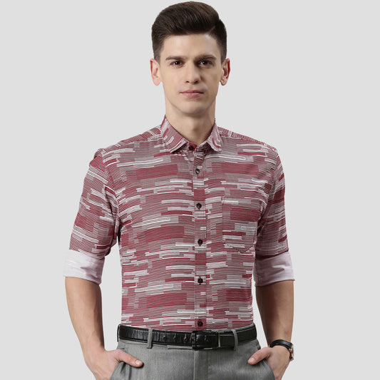5thanfold Men's Formal Pure Cotton Full Sleeve Printed Red Slim Fit Shirt