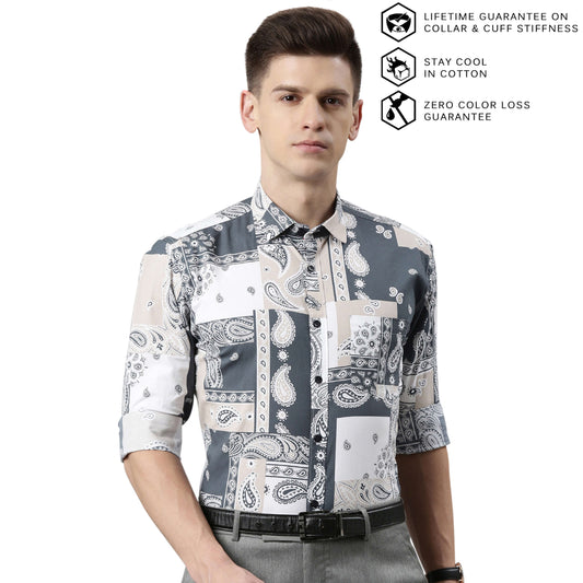 5thanfold Men's Formal Pure Cotton Full Sleeve Printed Multicolor Slim Fit Shirt