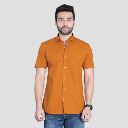 5thanfold Men's Casual Pure Cotton Half Sleeve Solid Copper Brown Slim Fit Shirt