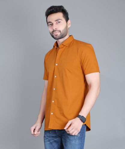 5thanfold Men's Casual Pure Cotton Half Sleeve Solid Copper Brown Slim Fit Shirt