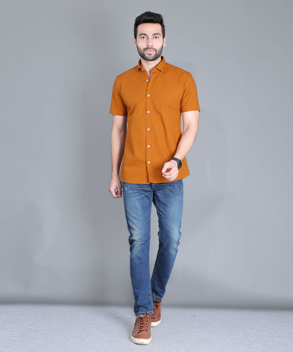 5thanfold Men's Casual Pure Cotton Half Sleeve Solid Copper Brown Slim Fit Shirt