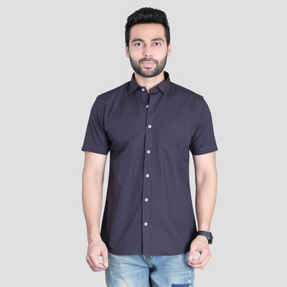 5thanfold Men's Casual Pure Cotton Half Sleeve Solid Dark Grey Slim Fit Shirt