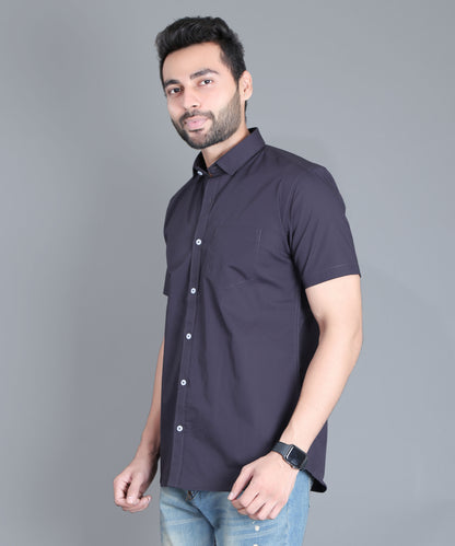 5thanfold Men's Casual Pure Cotton Half Sleeve Solid Dark Grey Slim Fit Shirt