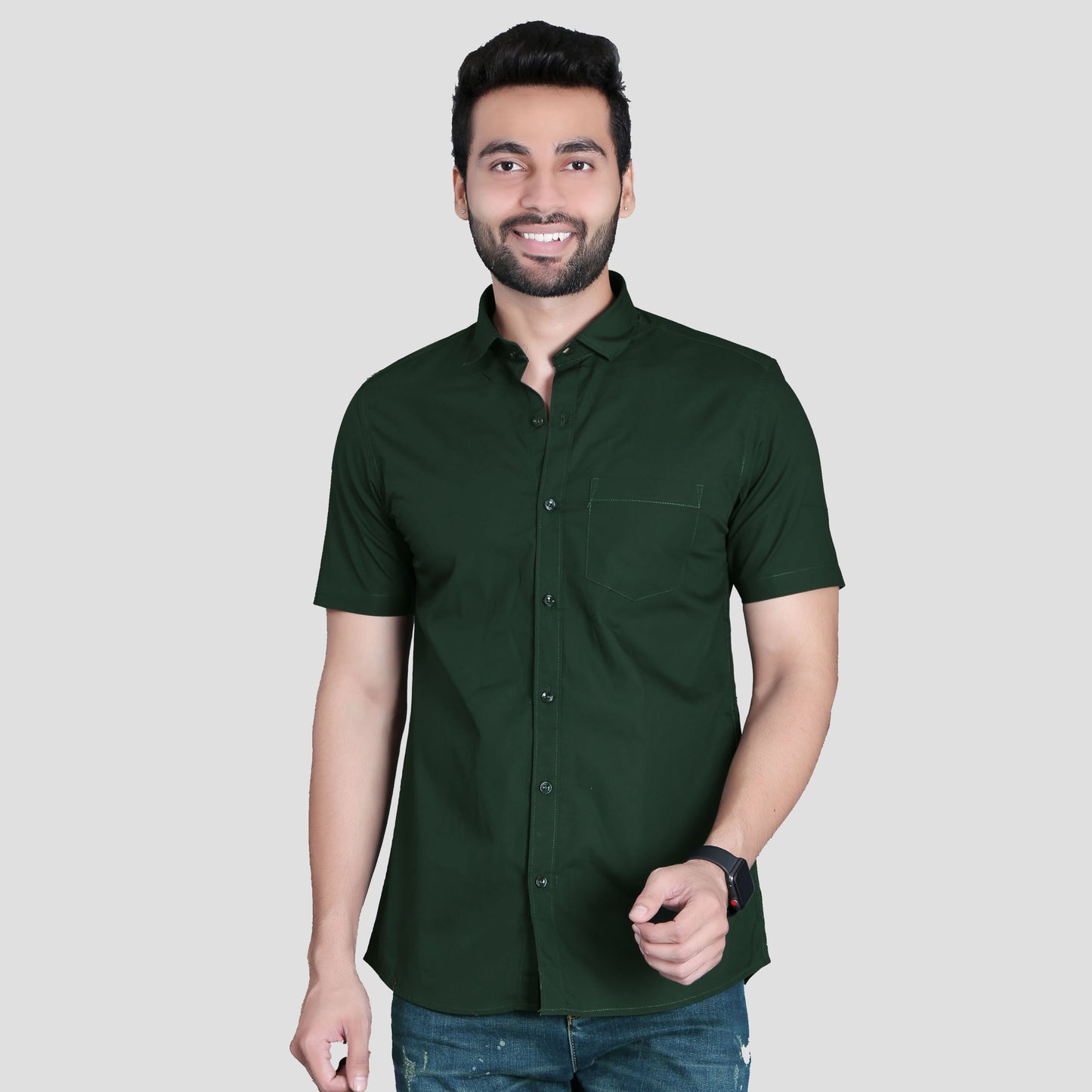 5thanfold Men's Casual Pure Cotton Half Sleeve Solid Bottle Green Slim Fit Shirt