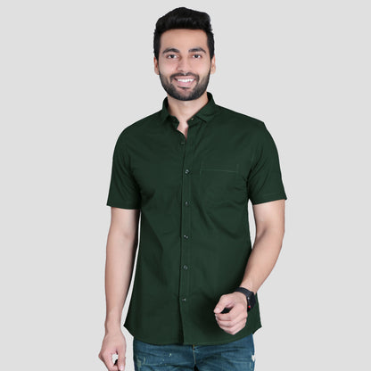 5thanfold Men's Casual Pure Cotton Half Sleeve Solid Bottle Green Slim Fit Shirt