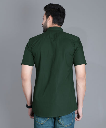 5thanfold Men's Casual Pure Cotton Half Sleeve Solid Bottle Green Slim Fit Shirt